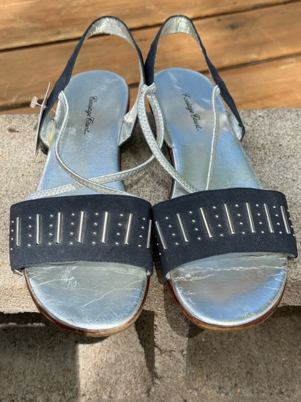 Carriage Vintage Metallic Silver Footbed Black Studded Slingback Sandals